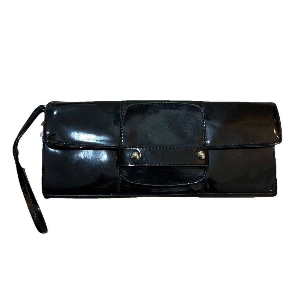 Alfani Handbag Purse Clutch Black Patent Fold Over Wristlet Strap Evening